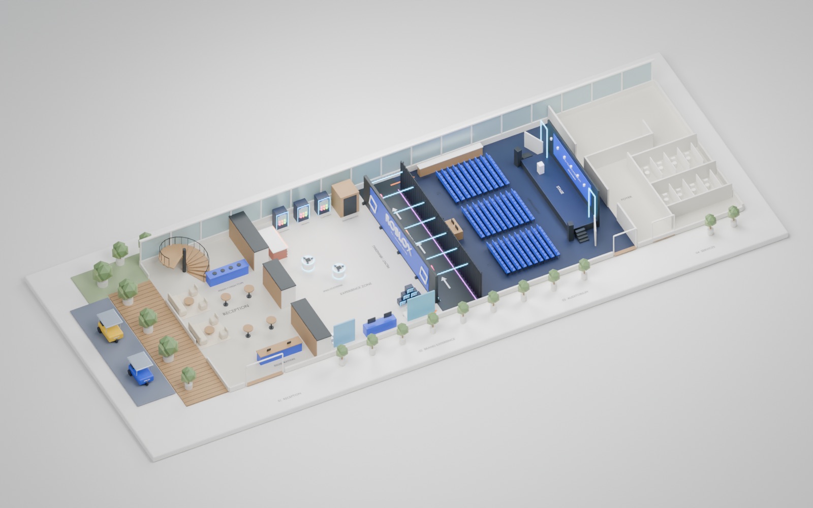 Rendered overview of the event layout with reception, LED tunnel and auditorium